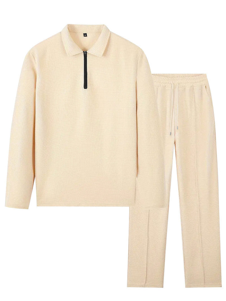 Men's waffle texture loungewear and leisure set with half-zip polo collar and drawstring waistband Mune Fashion