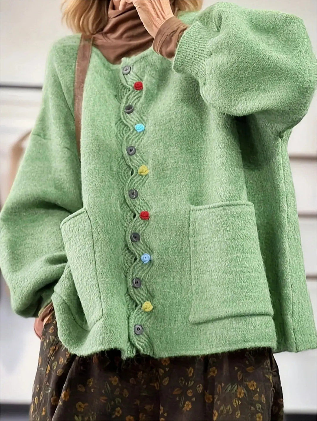Women's Oversized Knit Cardigan with Decorative Button Placket and Patch Pockets Drune