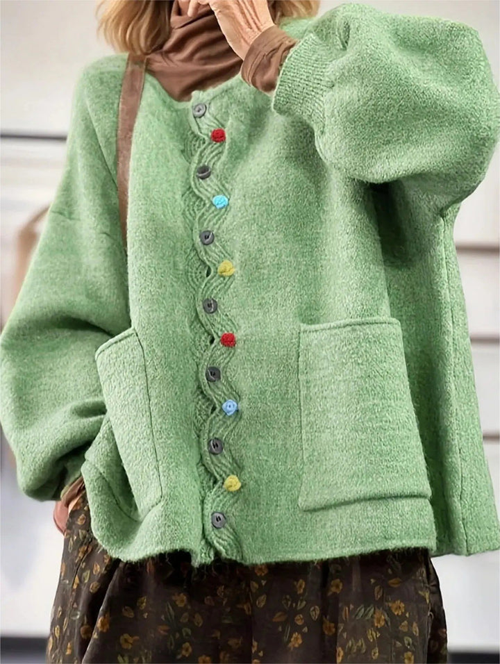 Women's Oversized Knit Cardigan with Decorative Button Placket and Patch Pockets Drune