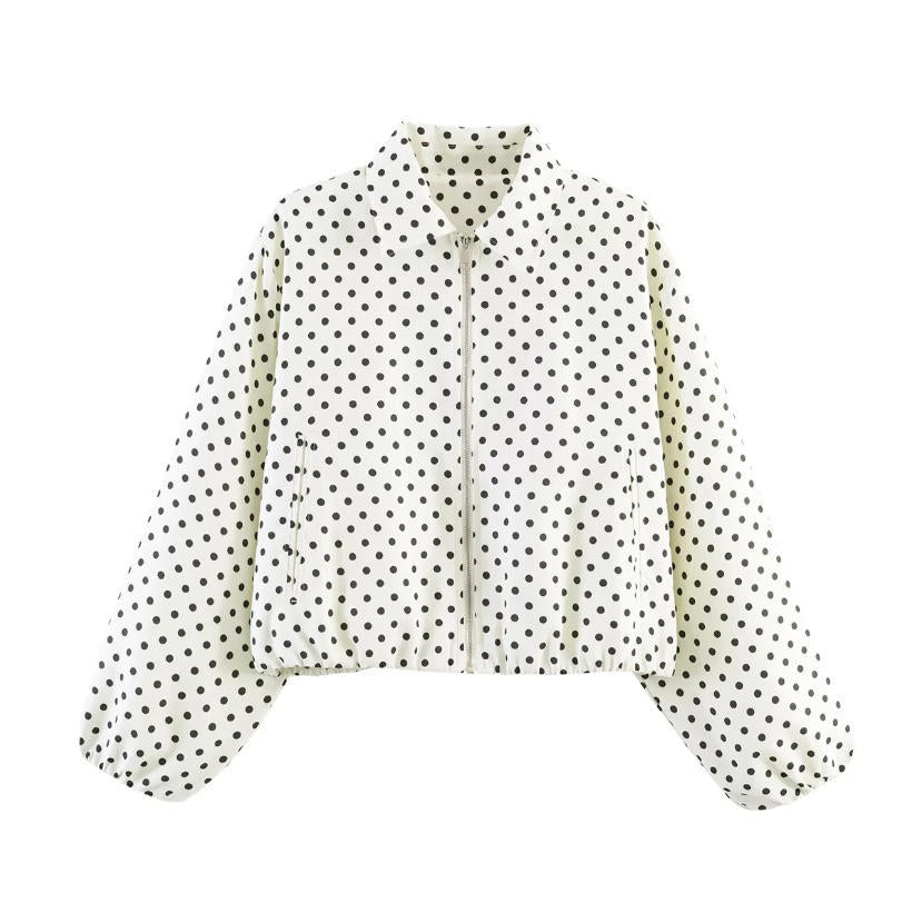 Women Shortened Bomber Jacket in Harrington Style with Balloon Sleeves and Elastic Hem Mune Fashion