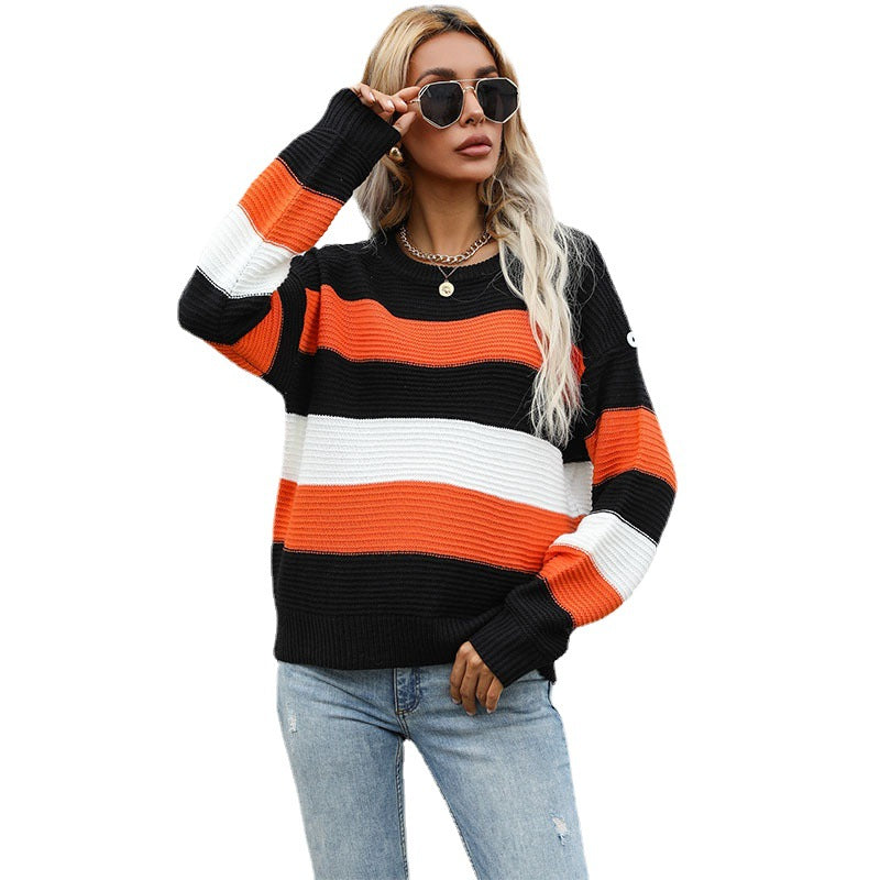 Women's Wide Striped Knit Sweater in Fisherman Look with Ribbed Texture and Dropped Shoulder Mune Fashion