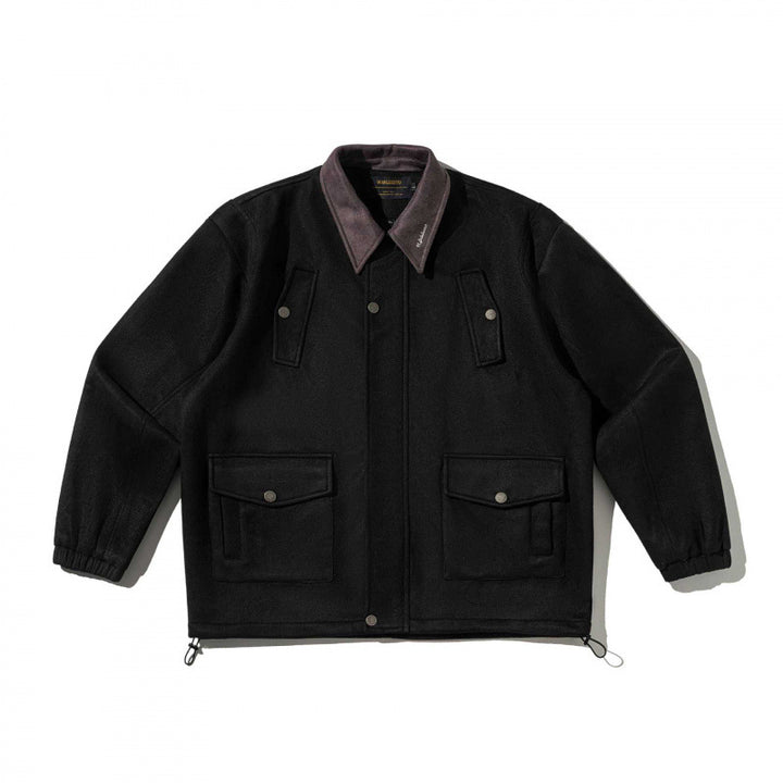 Men's boxy wool blend blouson jacket with cord collar, flap pockets, and drawstring hem Mune Fashion