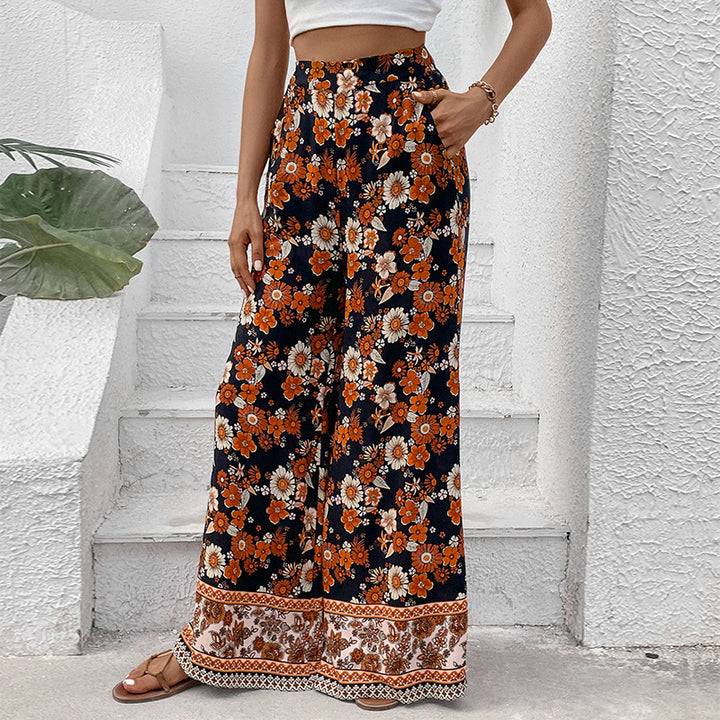 Women's High-Waisted Wide Palazzo Pants with Floral Allover Print and Side Pockets Mune Fashion