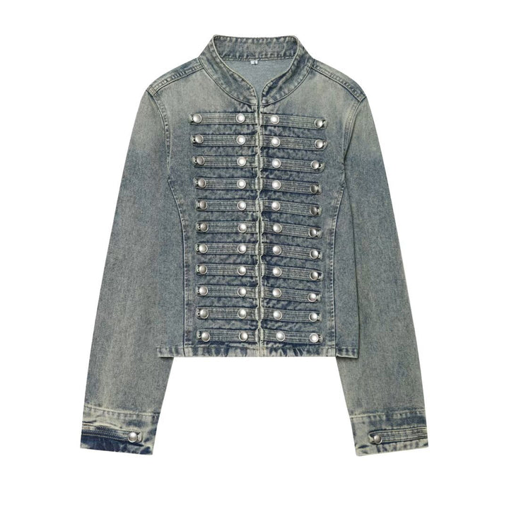 Women's Cropped Denim Blouson in Tailcoat Style with Decorative Row Buttons Mune Fashion