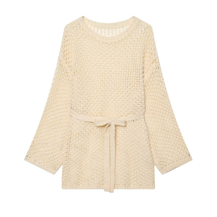 Women's Loose Crochet Cardigan with Waist Belt and 3/4 Sleeves Mune Fashion