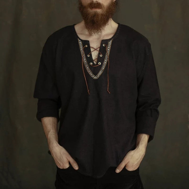 Men's linen tunic shirt with lacing and ethnic border Mune Fashion