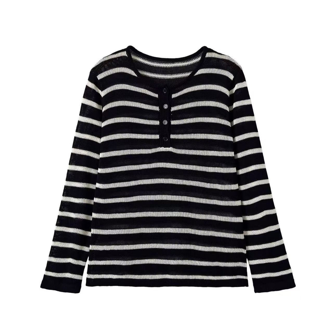 Women's Striped Fine Knit Sweater with Button Placket and Round Neck Mune Fashion
