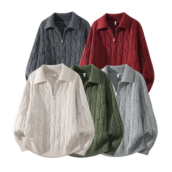 Unisex Oversize Braid Knit Sweater with Half Zip and Shirt Collar Mune Fashion