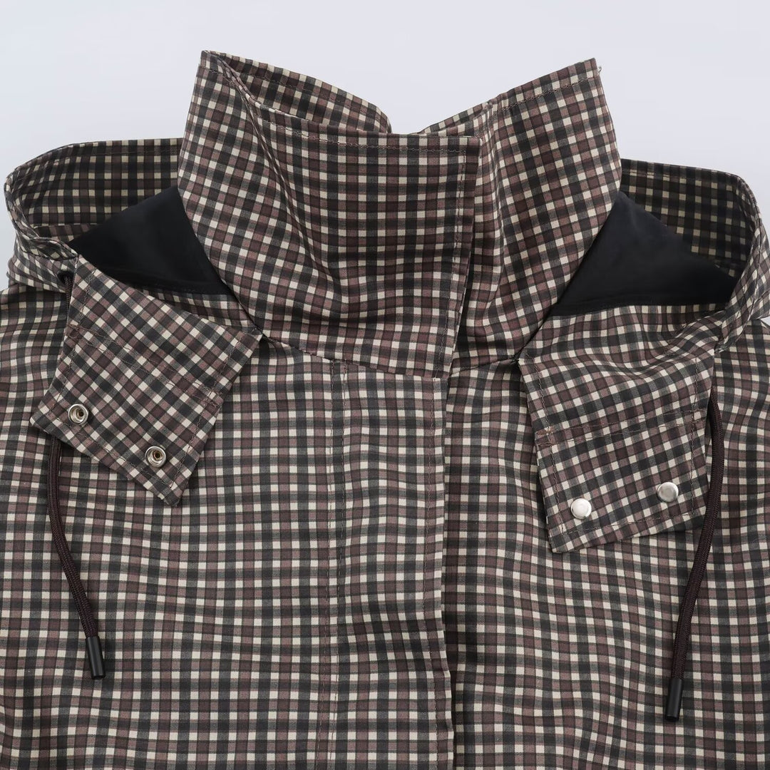 Women's Checked Transitional Parka with Drawstring Waist and High Stand-Up Collar Mune Fashion