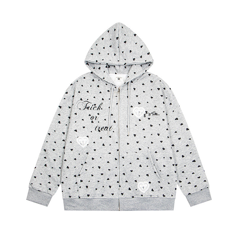 Women's hoodie sweat jacket with full-length zipper, all-over heart print and statement embroidery Mune Fashion