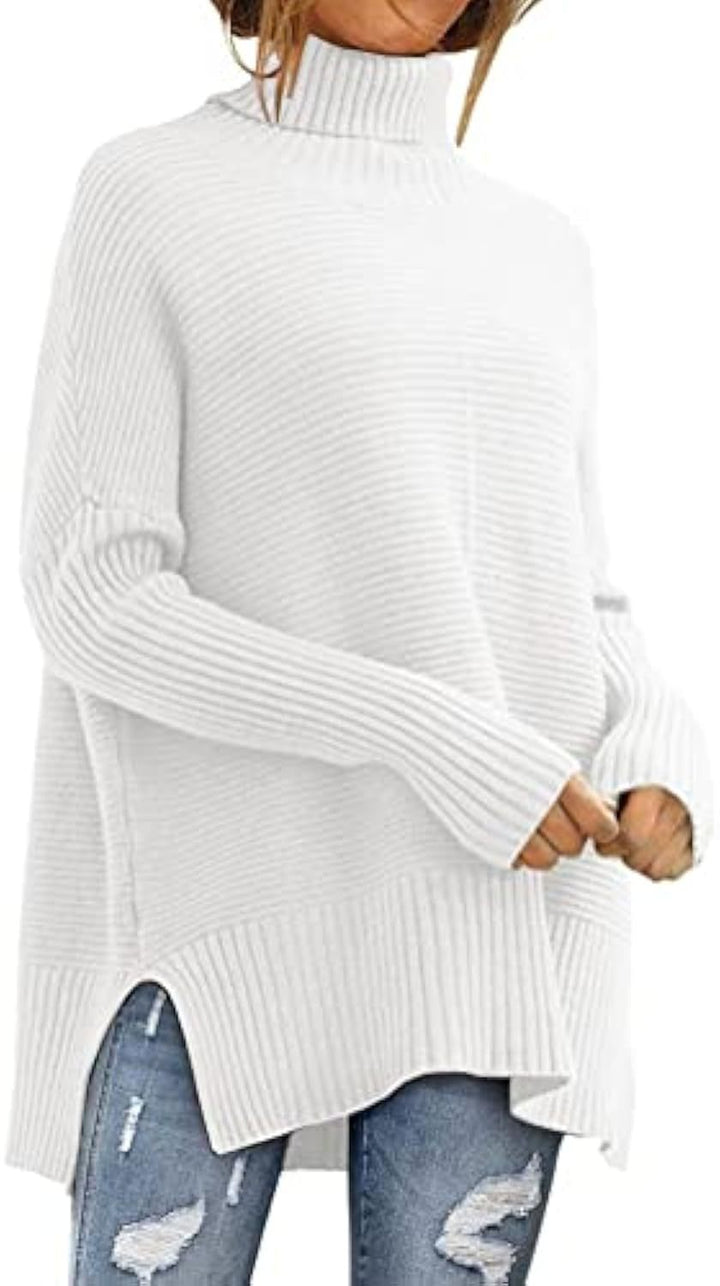 Women Oversize Ribbed Turtleneck Sweater with Side Slits and Extended Hem