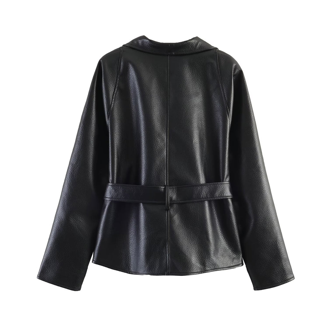 Ladies short jacket made of grain leather with shawl collar and tie belt Mune Fashion