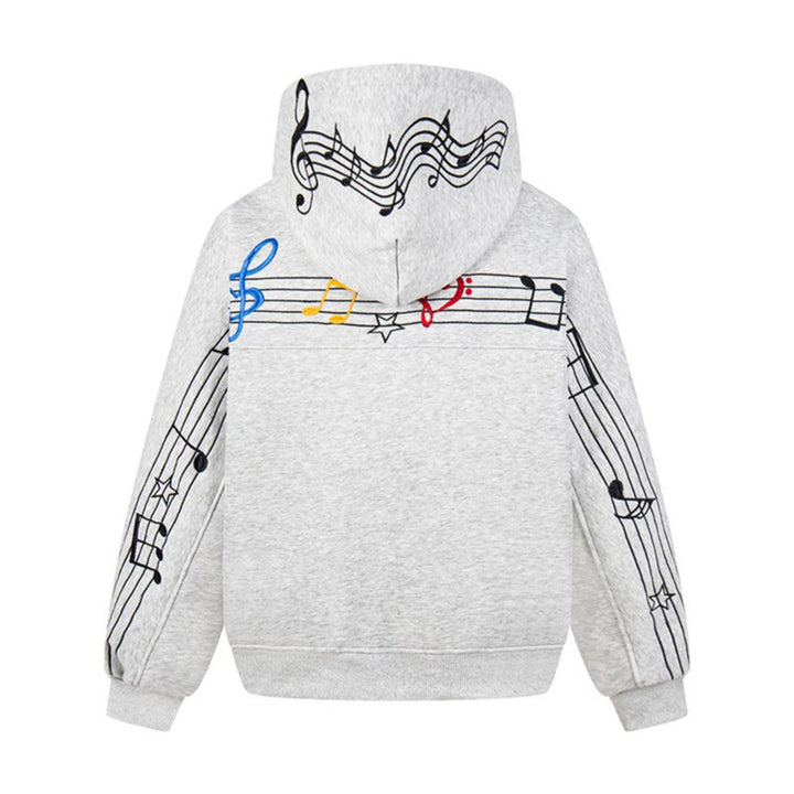 Women's Oversized Hoodie with Musical Notes Embroidery and Ribbed Hem Mune Fashion