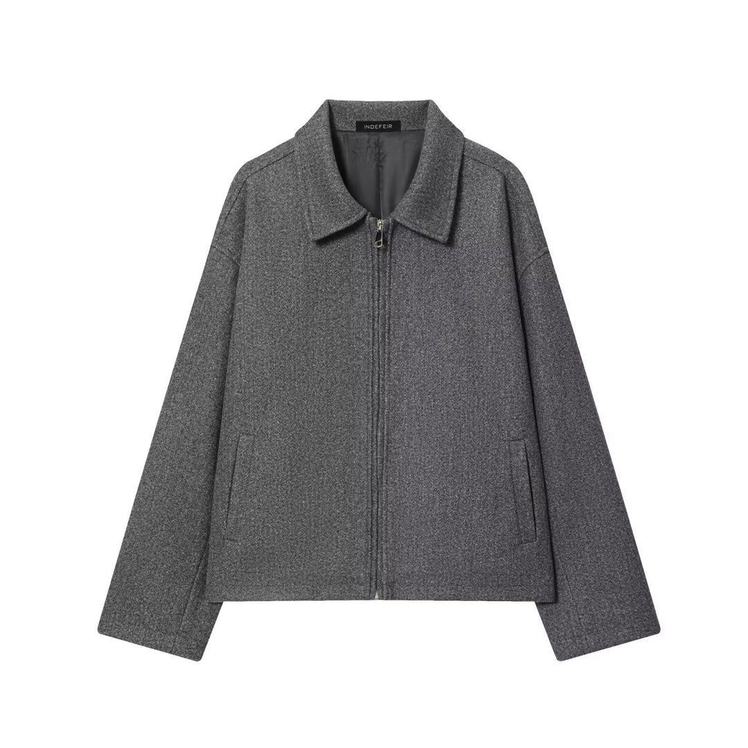 Women Boxy Wool Blend Blouson Jacket with Zipper and Shirt Collar Mune Fashion