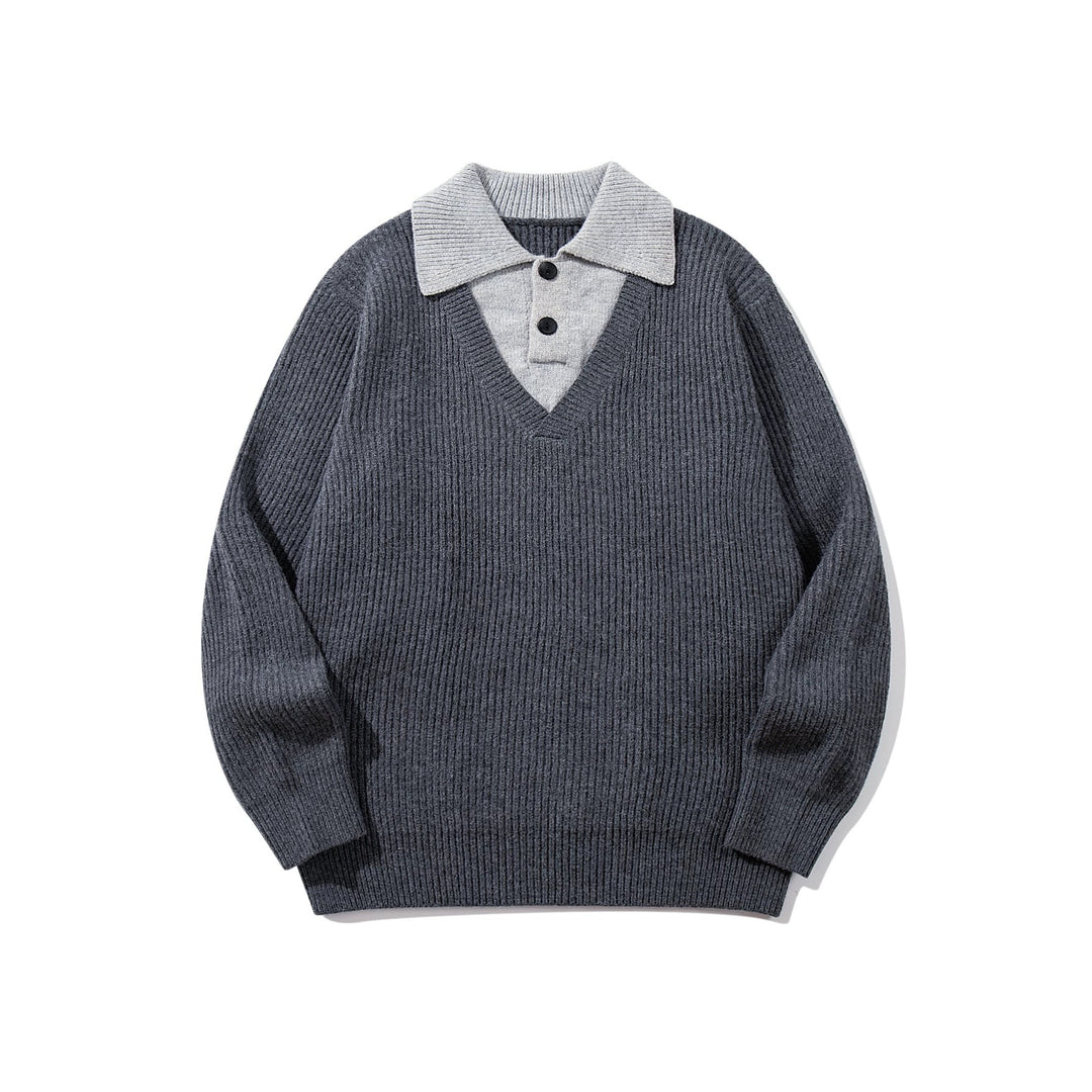 Men's Ribbed Knit Sweater with Polo Collar Insert and Deep V-Neck Mune Fashion