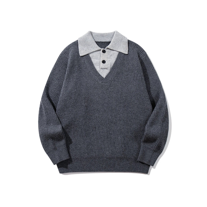 Men's Ribbed Knit Sweater with Polo Collar Insert and Deep V-Neck Mune Fashion
