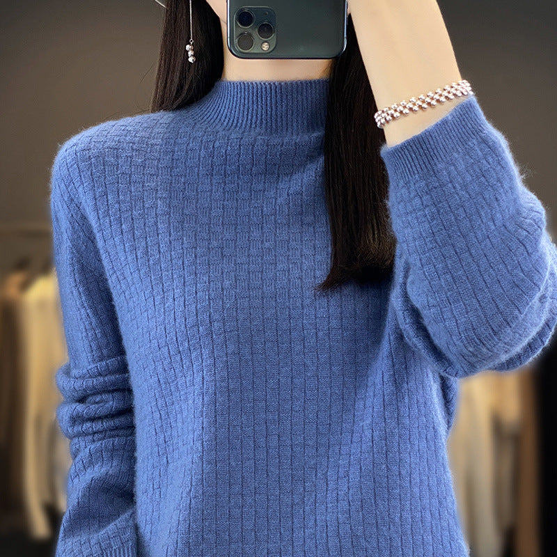 Women's Soft Boxy Mock Neck Sweater in Mohair Look with Fine Box Rib Structure Mune Fashion