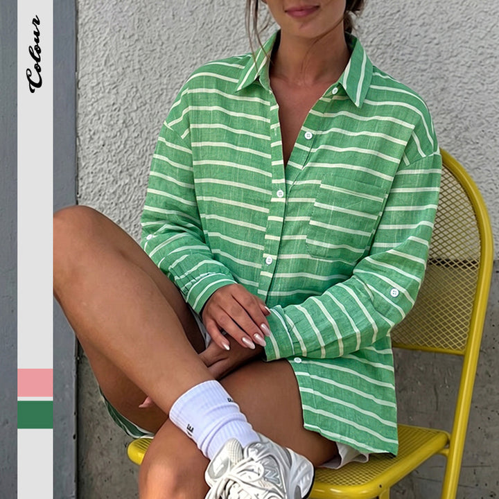 Women's Casual Striped Oversize Shirt Blouse in Linen Look with Breast Pocket Mune Fashion