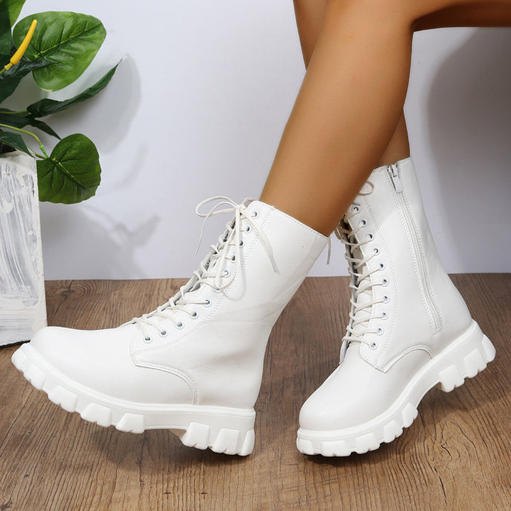 Women’s Platform Biker Boots with Side Zipper, Lacing and Distinctive Profile Sole Mune Fashion