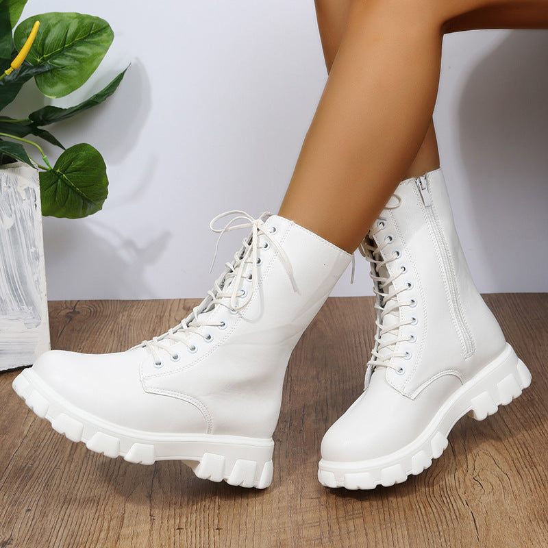 Women’s Platform Biker Boots with Side Zipper, Lacing and Distinctive Profile Sole Mune Fashion