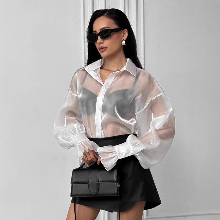 Women's Transparent Blouse with Voluminous Sleeves and Elegant Ruffle Details Mune