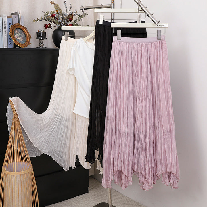 Women's flowing crinkle maxi skirt with tiered layering and pointed hem, Mune Fashion
