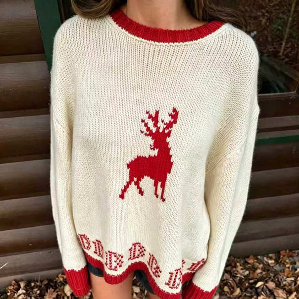 Women's Oversize Knit Sweater with Deer Intarsia, Round Neckline and Norwegian Cuffs Mune Fashion