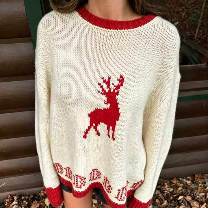 Women's Oversize Knit Sweater with Deer Intarsia, Round Neckline and Norwegian Cuffs Mune Fashion