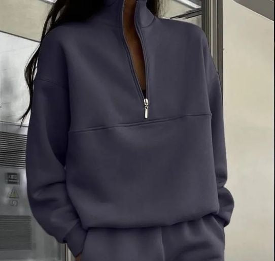 Women's casual stand-up collar half-zip in boxy cut with decorative breast seam Mune Fashion