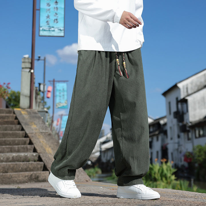 Men's loose-fitting corduroy relax pants with elastic waistband and decorative cord Mune Fashion