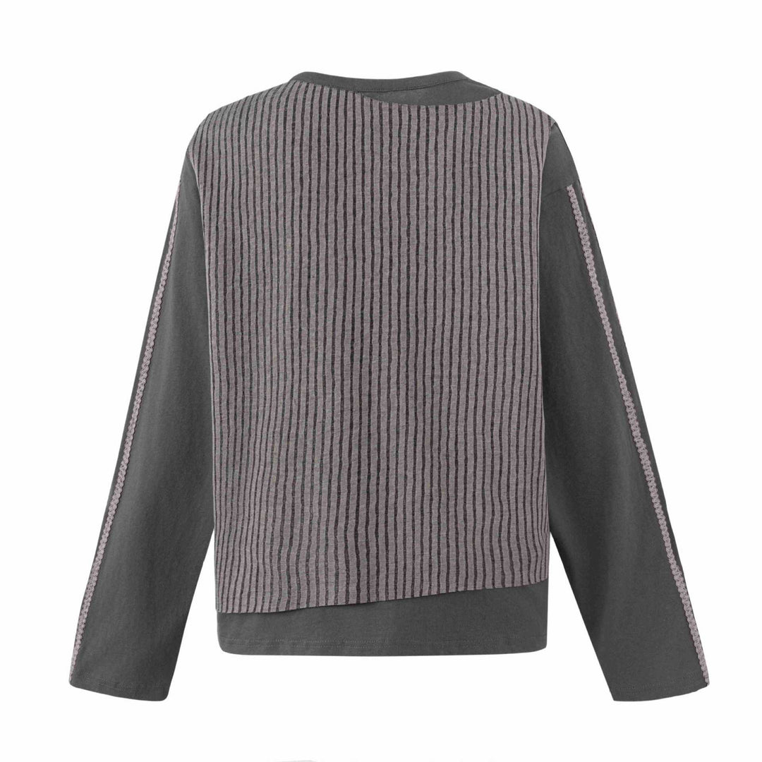 Women Casual Sweatshirt with Striped Overlay, Decorative Seams and Rose Print Mune Fashion