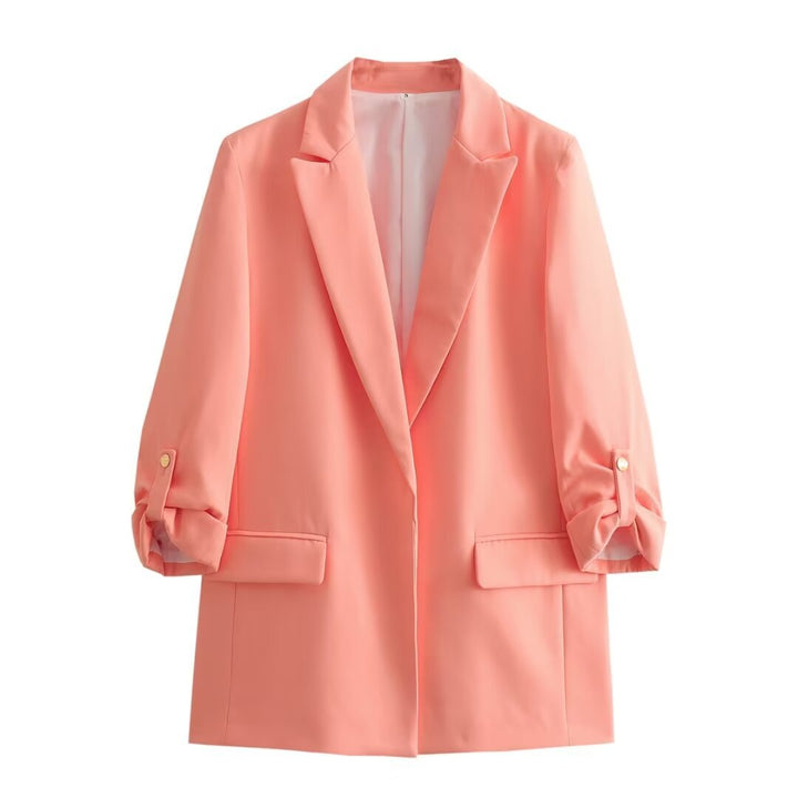 Women's unstructured long blazer with boxy cut, roll-up sleeves and piped flaps Mune Fashion
