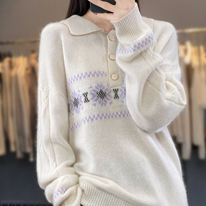 Women Oversize Polo Collar Knit Sweater with Norwegian Pattern and Raglan Sleeves Mune Fashion