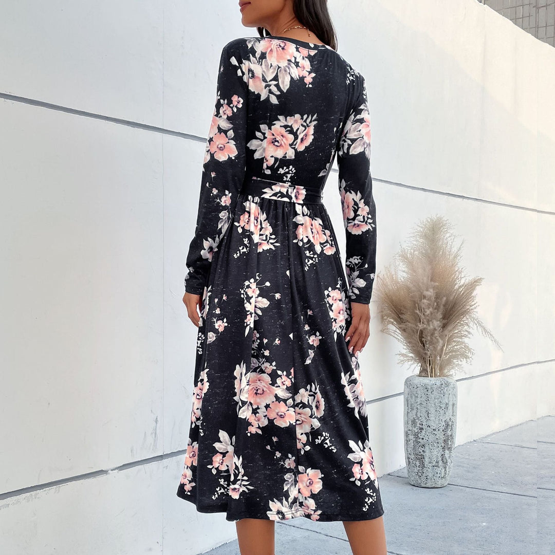 Women Floral Wrap Midi Dress with V-Neck, Waist Belt and Flared Skirt Mune Fashion