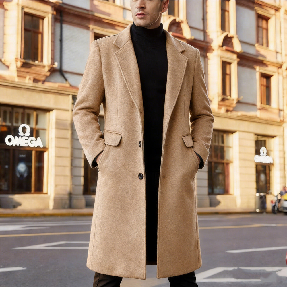 Men's longer tailored wool coat with lapel collar and inner pockets Mune Fashion