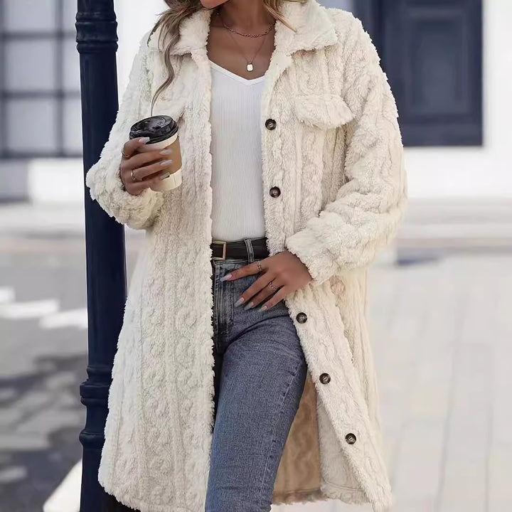 Women's longer teddy coat with shawl collar and patch breast pockets Mune Fashion