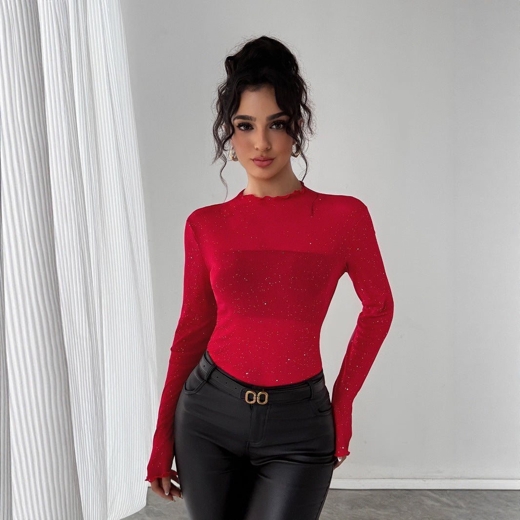 Women's figure-hugging fine knit top with stand-up collar and glitter yarn Mune Fashion