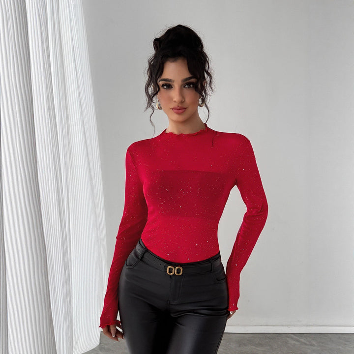 Women's figure-hugging fine knit top with stand-up collar and glitter yarn Mune Fashion