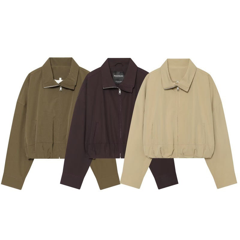 Women Cropped Boxy Jacket with Zipper, Stand-Up Collar and Elastic Hem Mune Fashion