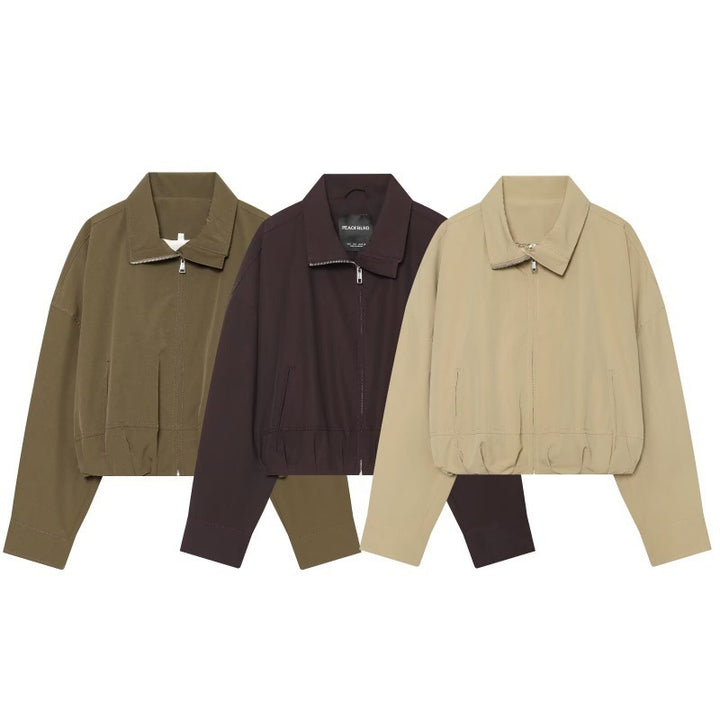 Women Cropped Boxy Jacket with Zipper, Stand-Up Collar and Elastic Hem Mune Fashion