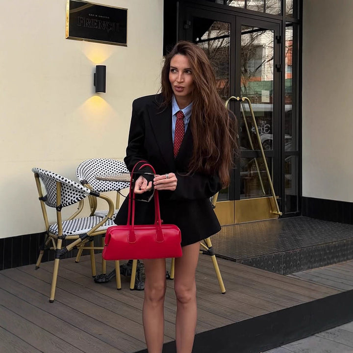 Women Tailored Blazer Dress with Distinctive Shoulder Part and One-Button Closure Mune Fashion