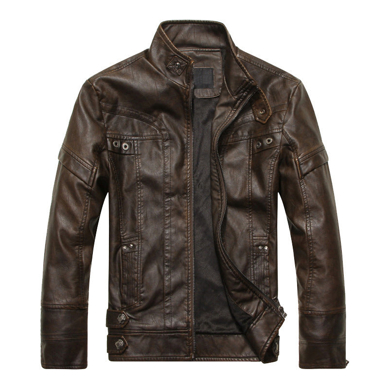 Men's leather jacket in pilot bomber style with stand-up collar and vintage look Mune Fashion