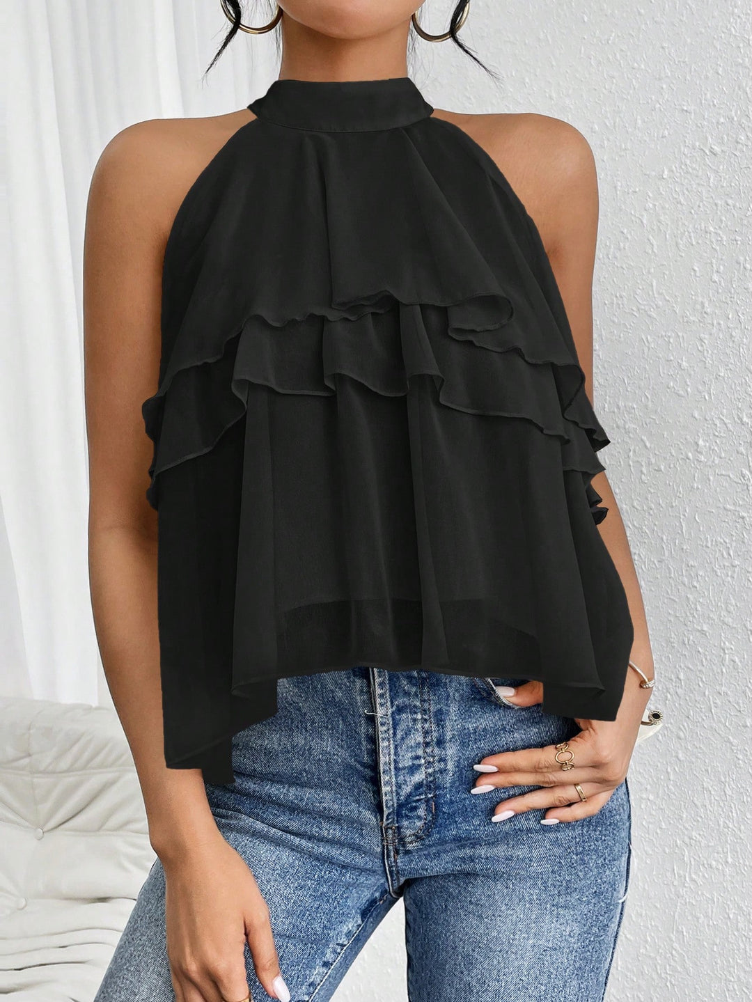 Women's Airy Chiffon Top with Stand Collar and Layered Ruffles Mune Fashion