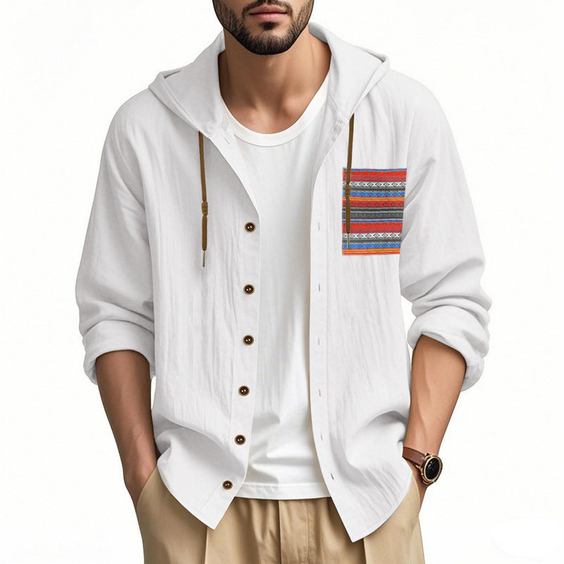 Men's lightweight hooded shirt jacket made of structured cotton blend with ethnic chest pocket and button placket Mune Fashion