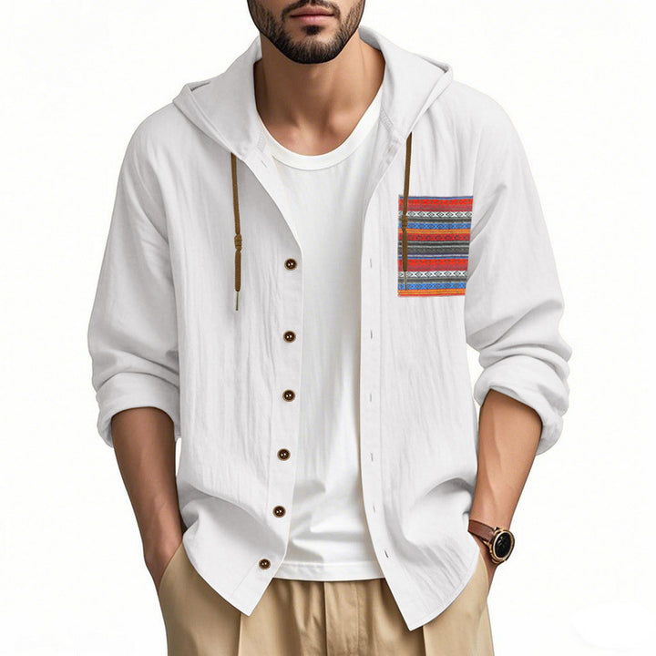 Men's lightweight hooded shirt jacket made of structured cotton blend with ethnic chest pocket and button placket Mune Fashion