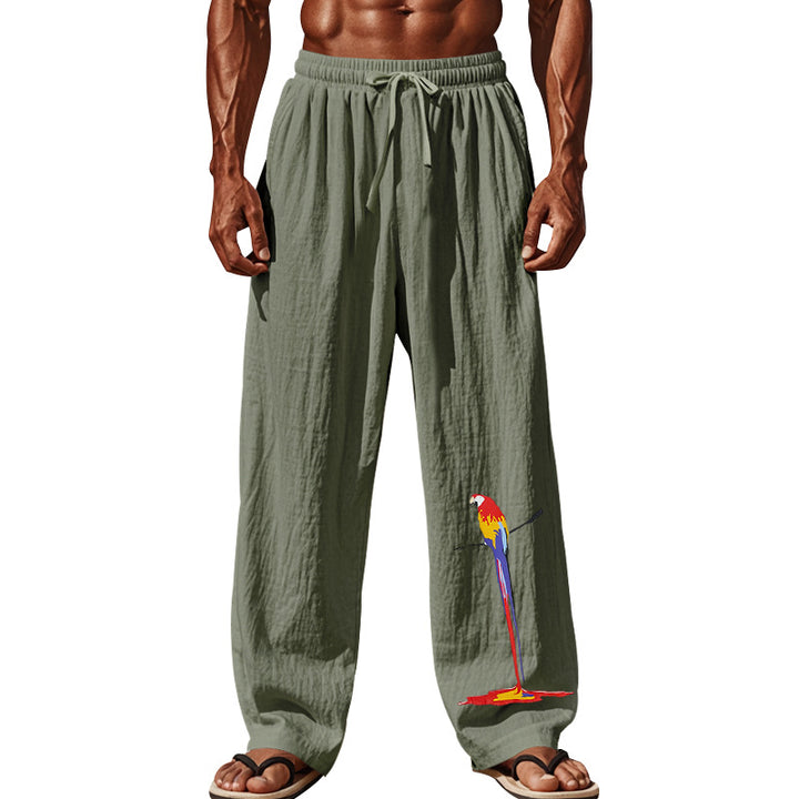Men's casual linen lounge pants with elastic comfort waistband, drawstring, wide leg, and decorative parrot embroidery Mune Fashion