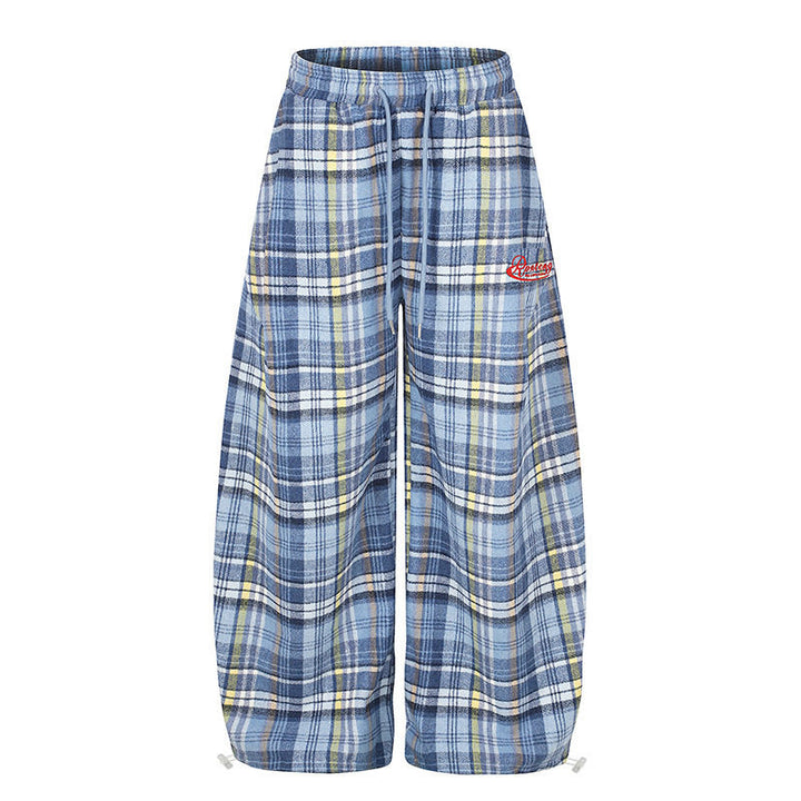 Women's Wide Check Palazzo Lounge Pants with High Comfort Waistband and Hem Drawstring