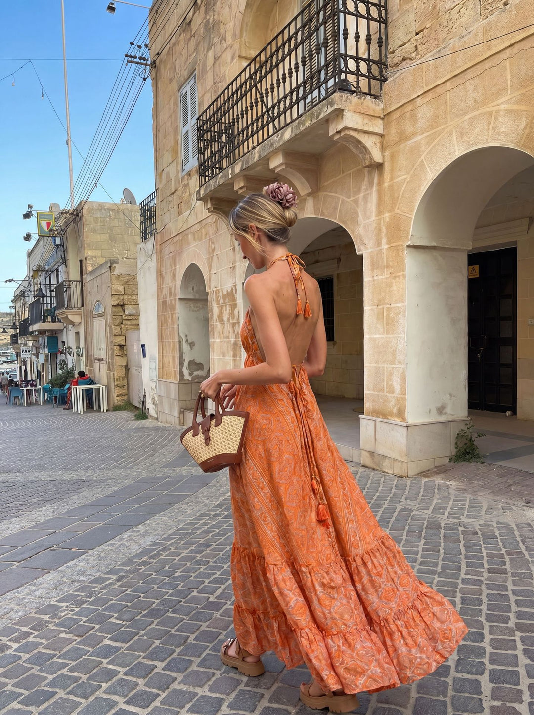 Women’s Boho Maxi Dress with Neck Band, Backless Cut and Ruffle Trim
