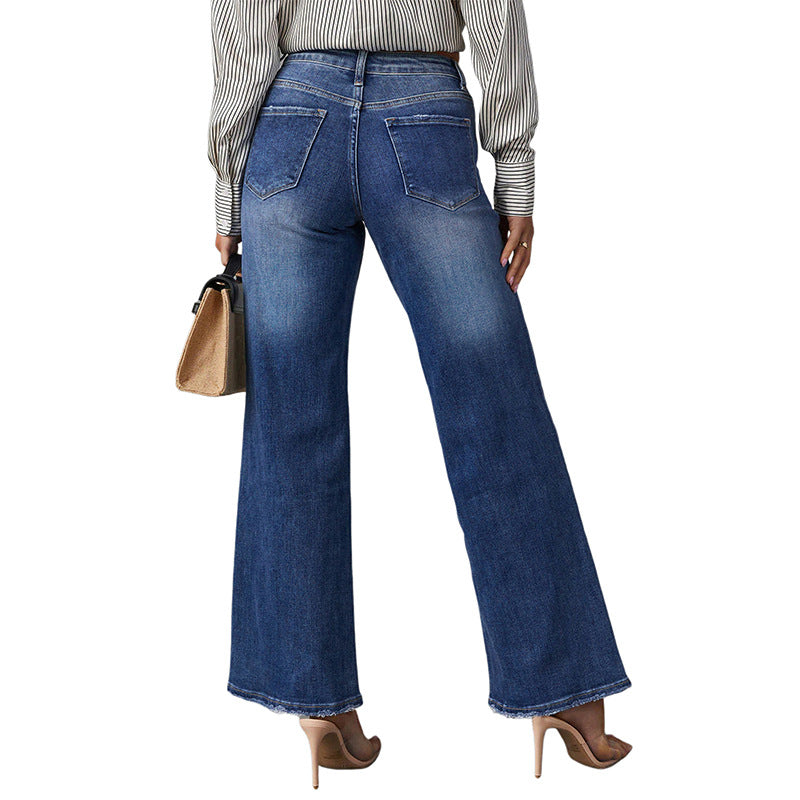 Women High-Waist Denim Flared Pants with Wide Leg and Light Vintage Wash Mune Fashion