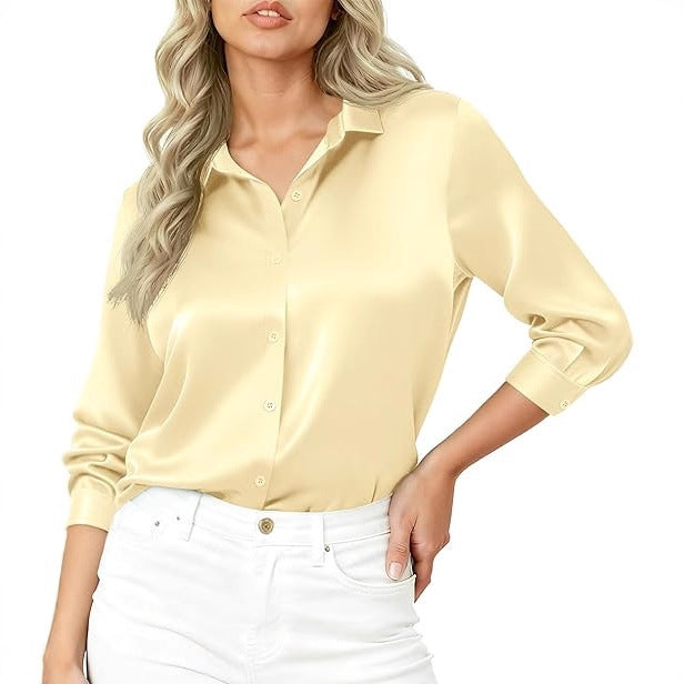 Women’s Silky Satin Blouse Shirt with Shirt Collar and Three-Quarter Sleeves Drune